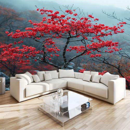 Papier Peints Panoramique Paysage de Prunier Rouge Poster Mural Intissé 3D, Multicolore Muraux Pour Salon Chambre Chambre D'Enfant Décoration Murale 250x175cm