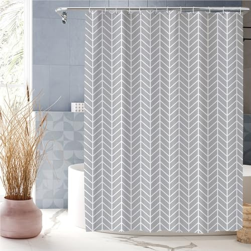 XUEDNGM Badewannenvorhang 160 x 140 cm Anpassbar, Schimmelresistent, Waschbar, Hochwertig Stoff, mit Haken Duschrollo für Badewanne Textil Duschvorhang, graue Wellen
