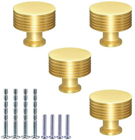 IAFVKAI 4 Stück Schrankknöpfe Gold, Aluminiumlegierung Runde Möbelknöpfe mit Schrauben, Gebürstetes Messing Kommodenknöpfe, Knauf für Schrank, Kleiderschrank
