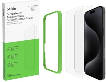 Belkin ScreenForce TemperedGlass Schutzfolie für iPhone 16 Pro Max, dünn displayschutz, kristallklar schutzglas, kratzfest, Positionierungsrahmen für Blasenfreie Applikation, 2er-Pack