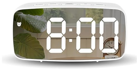 Digital Alarm Clock,Large LED Screen Bedside Alarm Clock Mirror Alarm with Brightness Dimming Mode,Temperature,Snooze Mirror Surface for Makeup Mode Bedside Alarm Clocks for Bedroom, Office (White)