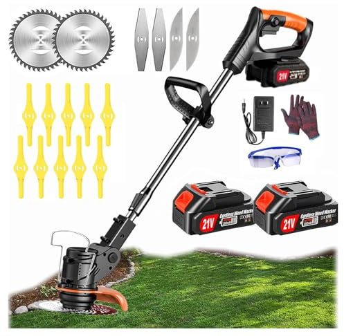 Rasentrimmer, Akku-Rasentrimmer, rasentrimmer mit akku(2 x 4.0A Akku und schnelles Ladegerät), Rasentrimmer/Radkantenschneider/Mini Rasenmäher/Freischneider, mit 3 Arten Klingen für Garten, Hof