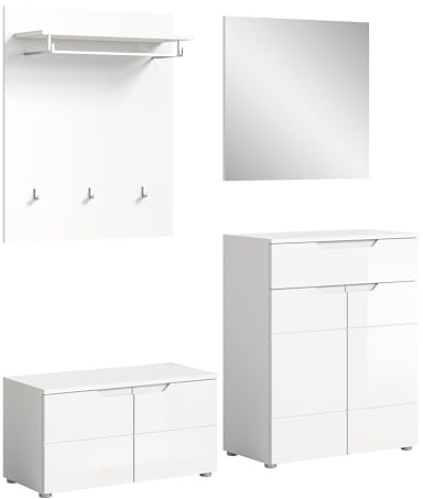 xonox.home - Garderobenkombination Solero 4-tlg. Set 175x193x37 cm in weiß und weiß hochglanz - Flurmöbel Eingangsbereich Garderobenschrank Dielenmöbel - schöner Blickfang funktional