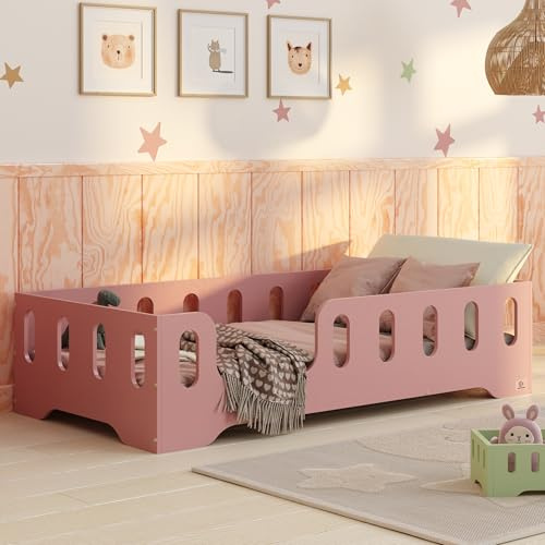 smartwood Bodenbett 80x160 cm mit Rausfallschutz, Holz, Rosa, TILA 2L | Montessori Kinderbett, Lattenrost belastbar bis 230 kg, FSC-Zertifikat, abgerundete Kanten, Einfache Montage, ab 3 Jahren