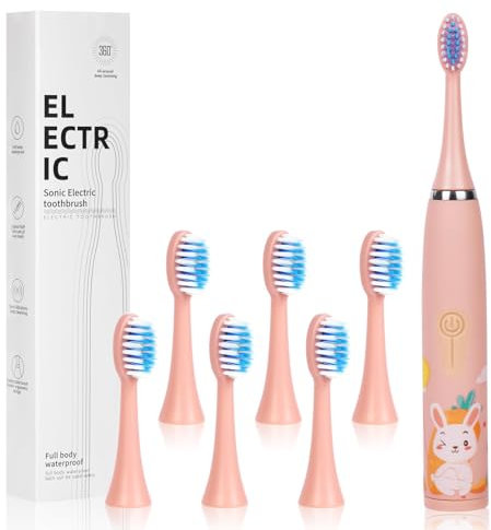 Vicloon Kids Electric Toothbrush,Rechargeable Childrens Electric Toothbrush with 6 Replaceable Brush Heads,Timer 4 Modes, 18000 Strokes,Ipx8 Waterproof,Soft Bristles,Gentle on Teeth & Gums(Pink)