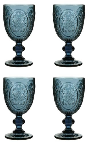 Wine Glasses Set of 4 Embossed Vintage Style Wine Goblet Glassware Set Dishwasher Safe Wine Glass Set Colourful Baroque Footed Wine Chalice Tumblers (Blue)