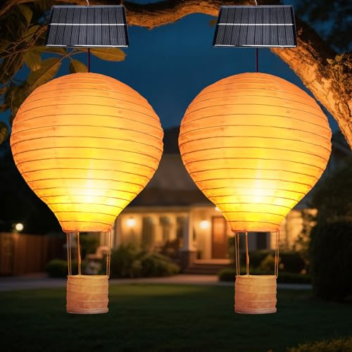 Solar Lampions Außen Wetterfest, 2 Stück 30 CM LED Solar Heissluftballons Lampe für Außen, Solarlampen für Außen Hängend, Solarlampen Laternen Heissluftballons Lampions für Gärten (Weiß)