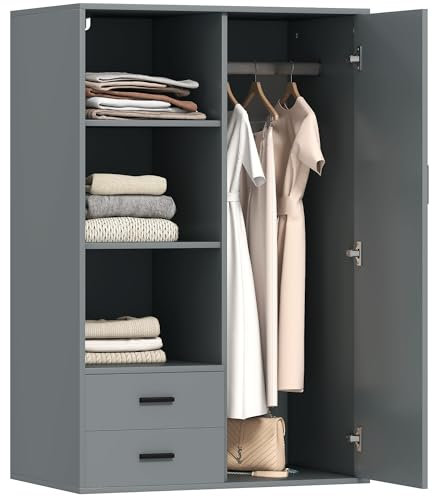 HOMCOM Armadio Guardaroba Moderno con 2 Cassetti, Ripiani Aperti Regolabili e Vano Appendiabiti, Guardaroba per Camera da Letto e Ingresso, 80x50x124 cm, Grigio Scuro