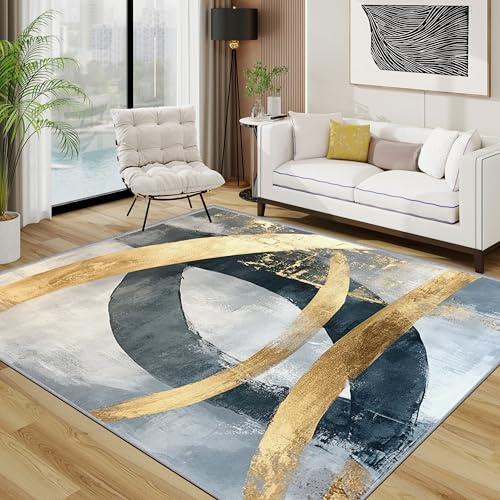 TerroVee Textur Teppich, Modern Abstrakt Luxus Kurven Teppiche rutschfest Waschbar Weich, Schwarz Grau Gold Wohnzimmerteppich Schlafzimmer Jugendzimmer, 120x180 cm, Grau Schwarz Gold