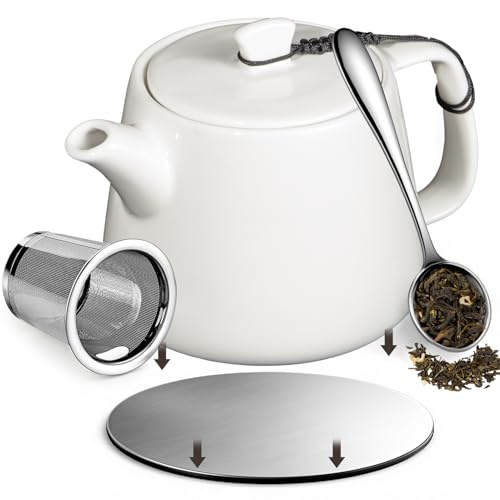 Brew To A Tea Stump Teapot with Strainer, Removable Infuser Tea Pot Handmade for Loose Leaf Tea & Coffee 600ml/20.29oz, Heat-Resistant Ceramic Tea Pot, White