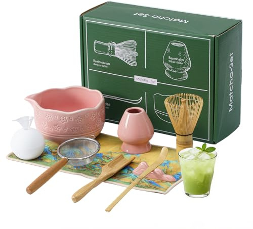 VONATES Matcha Whisk Set, 9 Pcs Matcha Whisk and Bowl Set, Stand, Spoon, Scoop, Holder, Sieve, Tea Towel, Ice Sphere Mold, Complete Starter Kit for Matcha, Tea Ceremony & Matcha Lover Gifts (Pink)