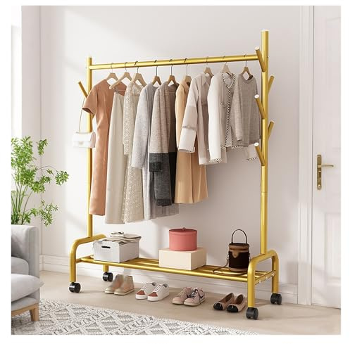 Qxgylz Kleiderständer Auf Rollen, Kleiderstange Aus Metall, Arderobenständer, Rollgarderobe, Kleiderwagen Für Schlafzimmer, Für Mäntel, Röcke, Hemden, Pullover(Gold,154x80x37cm)