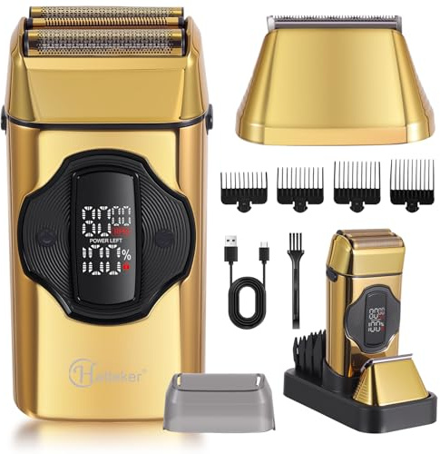Hatteker 2-in-1 Elektro-Rasierer für Männer, Folienrasierer & Trimmer, magnetischer Kopf, abnehmbarer Trimmer, 3 Geschwindigkeiten, IPX7 wasserdicht, Nass/Trocken, großes LED, USB-C & Ladebase(Gold)