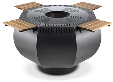 WOX Feuerschale mit Grillring – Feuerkorb & Grillplatte in Schwarz (115 x 115 x 80 cm, 110 kg) – pulverbeschichtet, Plancha 6 mm, mit Abdeckhaube, Beistelltisch & Grillschürze – BBQ Outdoor Grill