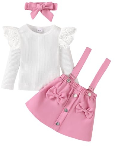 LUVCES Bambina Gonne Set Autunno Maniche Lunghe con Volant Coste Top + Bretelle a Quadri/Fiocco Abito + Fascia per Capelli 3Pcs Completo Bambine Abiti 3Pcs Rosa 2-3 Anni