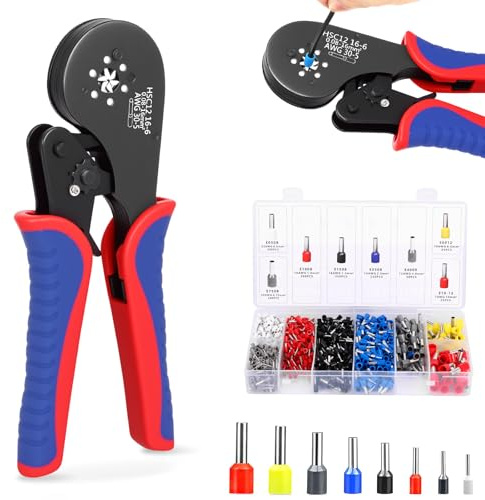 Lot de pinces à sertir - 0,08-16 mm² - 30-5 AWG - Pince à sertir - Avec 1200 embouts de câble - Pour bricolage, usage domestique, installation électrique, besoins industriels - 16 mm²