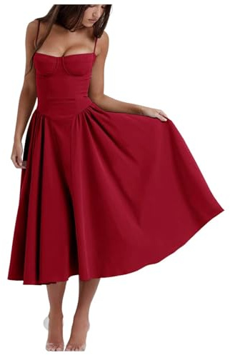 Shuanghao Femme d'été Robe à sans Manches Bretelles Spaghetti Corset Sexy Elegant Longue Taille Slim Fit Robes Casual A Line Swing Sun Jupe avec Poches Chic et Fête Plage Robe Femme Pure Rouge S
