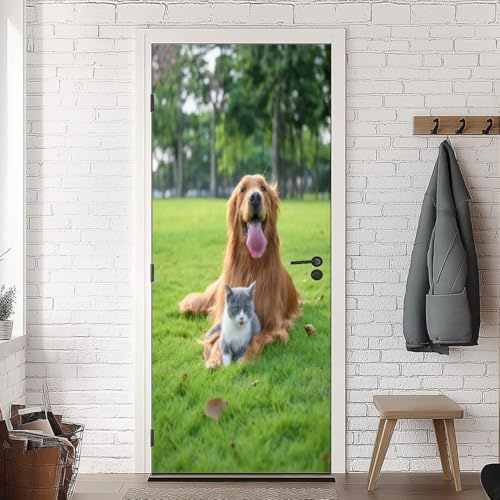 TACOKI Türtapete Selbstklebend Türposter Hund und Katze Türbekleben Tier Türbilder, 3D Effekt Fototapete Türfolie Poster Türaufkleber Wandtattoo Tür Dekoration Stickers 85x200 cm v4692