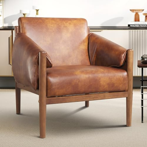 INZOY Faux Leather Armchair with Wood Frame, Mid Century Accent Chair with Removable Armrest Pads, Upholstered Living Room Chair, Reading Nook Chair for Bedroom Apartment, Camel