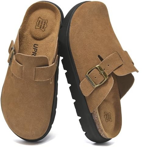 UpResty 100% Genuine Suede Brown Clogs for Women with Arch Support, Platform Womens Clogs with Memory Foam Insole, Comfort Cork Footbed Women Mules with Adjustable Strap Slip on Potato Shoes 39.5EU
