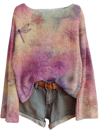 Jersey De Punto Mujer Fino Jersey Algodon Mujer Suéter Informal con Estampado Artístico para Suéter De Punto Blusa Manga Larga con Cuello Ropa Talla Grande Invierno Purple XL