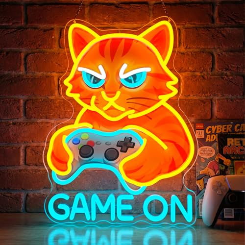 Astuddy Cat Neon Schild, GAME ON Neon Schild, Katze mit Controller Neonlicht für Gaming Zimmer, USB Katze Gaming Led Sign für Gaming Zone Jungenzimmer, Cool Game Geschenk für Spieler Teenager
