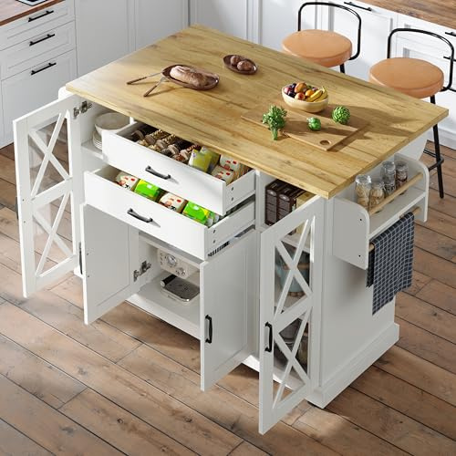 Isola da cucina, credenza, 120 x 40 (63,5 x 94,5 cm, carrello da servizio, isola da cucina mobile, carrello da cucina con ruote, con quattro ante (due porte in vetro), ripiani regolabili in altezza