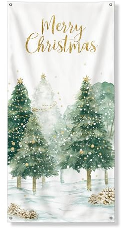 Cartel decorativo para puerta de Feliz Navidad, pinos verdes festivos, decoración de interiores y exteriores, suministros de telón de fondo de temporada de vacaciones, 36 x 72 pulgadas