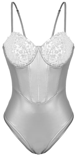 Maeau - Body Lingerie Metallic Glitzer Glänzender Damen Sexy Bodysuit Pailletten Dessous One Piece Party Club L Silber