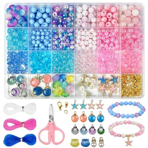 Redamancy 625 Stück Perlen für Armbänder, 24 Farbe Armbänder Selber Machen, Schmuck Selber Machen Set, Perlen Set, Armband Set Selber Machen, Perlen zum Auffädeln - Meeresthema