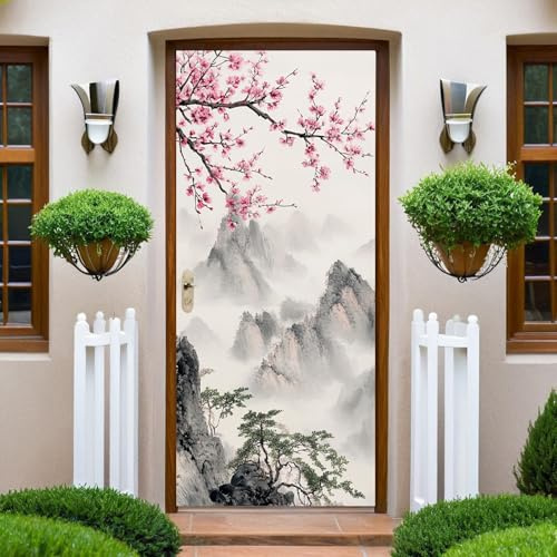 Grau Türtapete Türposter Kirschblüten in Tuschemalerei 77x200 cm Selbstklebende Türfolie PVC Türaufkleber Wasserdicht Türdeko für Wohnzimmer Kinderzimmer Küche Bad
