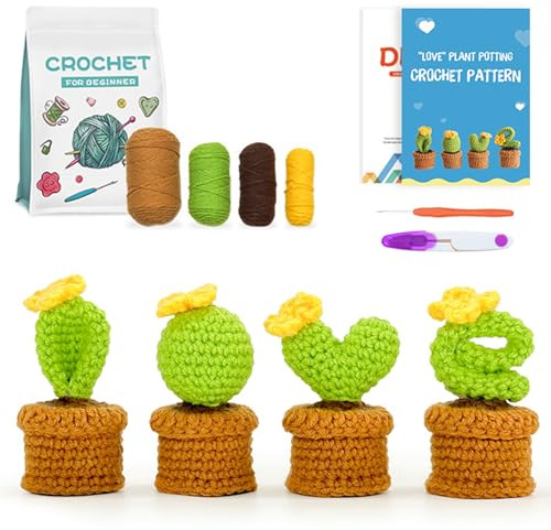 Kit Crochet Principiantes Adultos,Kit Ganchillo Principiantes,Set Crochet Amigurumi,Set Crochet Flores,Cactus de Ganchillo con Agujas Ganchillo Lanas Tutoriales,Regalo de San Valentín,Cumpleaños
