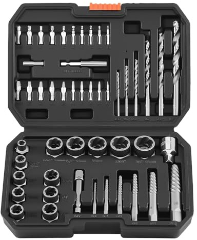 VEVOR Juego de Extractor de Tuercas y Tornillos Dañados 49 Piezas, Brocas para Taladro Incluidas, Adaptadores y Estuche de Almacenamiento, Herramientas para Sacar Tornillos Rotos Oxidados Pintados