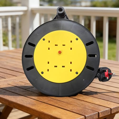 Outdoor 4 Socket Extension Reel 10m, Heavy Duty Aluminium Cable Drum with Thermal Safety Cut Out, 13A UK Plug, PVC Lead for Garden, Lawn Mower & Tools