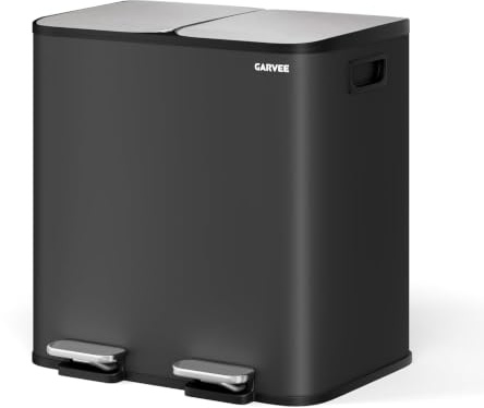 Garvee Poubelle Tri Sélectif 2x15L Pédale Silencieuse Bac Amovible | Acier Inoxydable Brossé Anti-Traces, Poubelle Double Compartiments avec 2 Pédales Indépendantes, Couvercle à Fermeture Douce