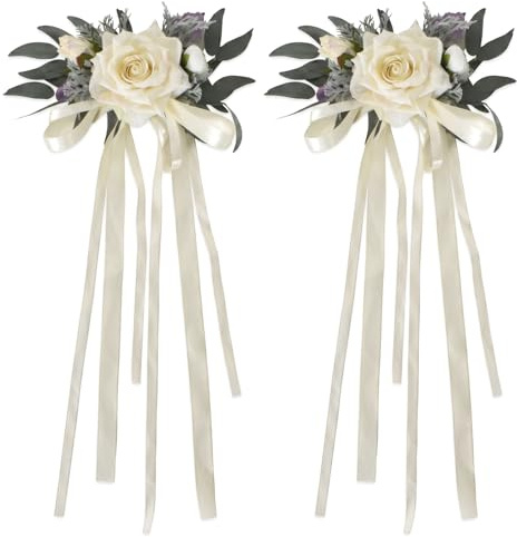 Naapesi Set di 2 Decorazioni Floreali per Specchietti Retrovisori Matrimonio Bianco Latte - Eleganti Fiori Artificiali con Nastri per Auto degli Sposi - Addobbi Auto Matrimonio Raffinati