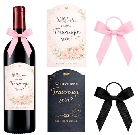 4er Set Flaschenetiketten Zum Trauzeugin Fragen - Willst Du Meine Trauzeugin Sein Wein Aufkleber Mit Schleifen - Edles Trauzeugin Geschenk & Trauzeugen Zubehör