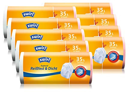 Swirl Zugband-Müllbeutel, 35 Liter, 9 Rollen mit je 15 Beuteln, Weiß
