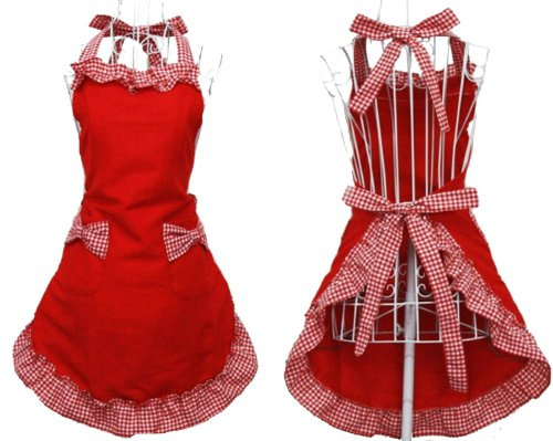 Veewon Schürzen für Frauen-Mädchen-Nette Retro Bowknot Cotton Cooking Restaurant Arbeit Individuelle Küchen-Schürze mit Taschen Gartenhaus (Rot)