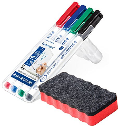 Staedtler Lumocolor Whiteboard-Marker, Rundspitze ca. 1 mm Linienbreite, Set mit 4 brillanten Farben, hohe Qualität, trocken und rückstandsfrei abwischbar von Whiteboards (+ Whiteboardlöscher rot)