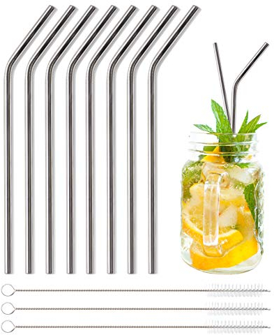 Pentaton Trinkhalme aus Edelstahl, 8 Wiederverwendbare Strohhalme, 3 Reinigungsbürsten, Metallstrohhalme, Länge 21,5cm, Farbe Silber