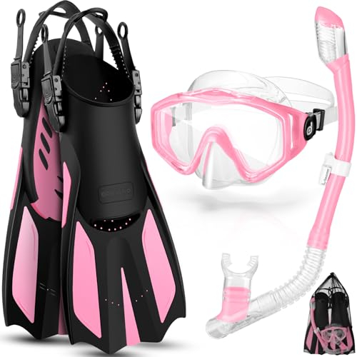 Odoland Set Snorkeling 3 in 1 con Maschera Snorkeling con Vista Panoramica 180°, Boccaglio Asciutto, Pinne Regolabili, Attrezzatura Subacquea per Adulti, Rosa, S/M