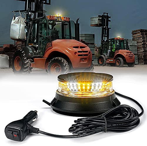 Xprite LED Rotating Beacon Light, 4.5Inch Super Bright Forklift Strobe Lights w/Magnetic Base for 12-24V Construction Truck Patrol Car Tractor Golf Carts-Amber&White