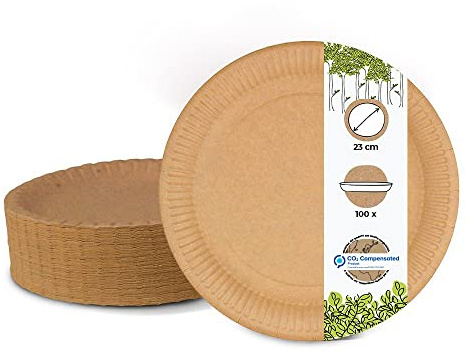 BIOZOYG 100 Pappteller braun ? 23 cm | Einwegteller für Geburtstage, Partys & Foodtrucks | Robust, vielseitig & recyclebar | nachhaltige Forstwirtschaft | disposable plates