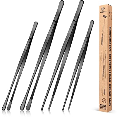 4 Stück feine Pinzettenzangen, 12'' und 10'' Edelstahl Pinzetten Set, Professionelle schwarze lange Pinzette für Kochen, Reparieren, Meeresfrüchte und BBQ