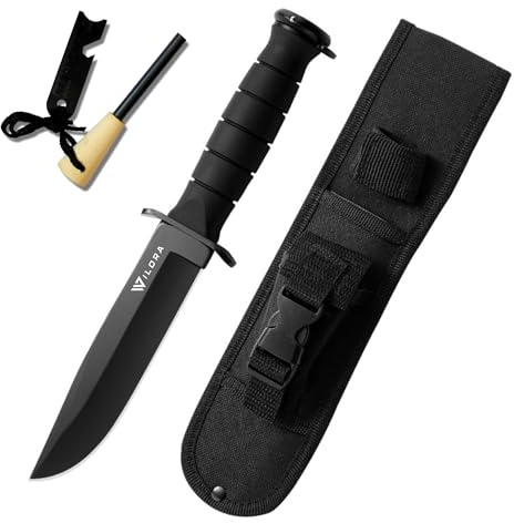 Wilora Bowie Knife with Fire Starter – Full Tang 5Cr13 Steel Blade, Rubber Handle, Nylon Sheath with Leg Wrap & Ferro Rod with Bottle Opener – Survival Tool for Camping