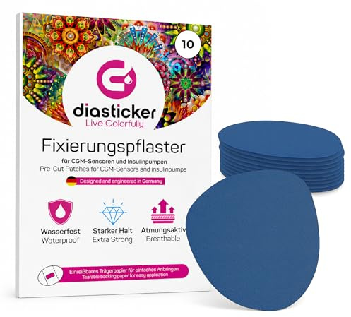 Diasticker® | Overpatch XL fixeringsplåster 8,5 cm (10 stycken, mörkblå) – Freestyle Libre 2, Dexcom G6, Guardian, kateter | vattentät – andas – starkt grepp | lapp, fixering, tejp, plåster