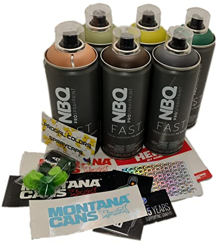 PROGAL COLORS NBQ Fast-Pack (6 x Sprühdose 400 ml + 6 x Diffusor/Kappe + Aufkleber-Set), Sprühfarbe, Hochdruck-Sprühfarbe, mattes Finish, mehrere Oberflächen, Wandmalerei und Dekoration