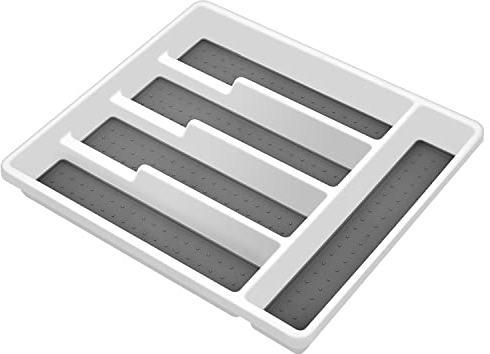 TEAMFAR Besteckkasten für Schubladen, Besteckschublade Schubladeneinsatz mit 5 Fächern für Küche Büro, Kunststoff Besteckeinsatz mit rutschfeste Gummifüße & Weiches Innenfutter, 32,2 x 28,8 x 4,5 cm