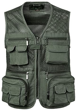 Yukirtiq Uomo Gilet da Pesca Multi-Tasca Traspirante Giubbino Smanicato da Pesca Fotografia Lavoro Campeggio Gilet ad Asciugatura Rapida da Caccia, Verde, L